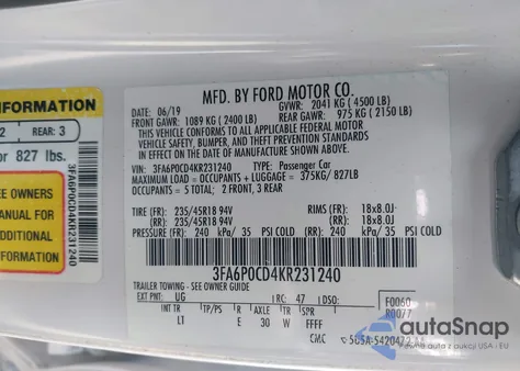 2019 Ford Fusion Sel z USA, uszkodzony, nr VIN 3FA6P0CD4KR231240